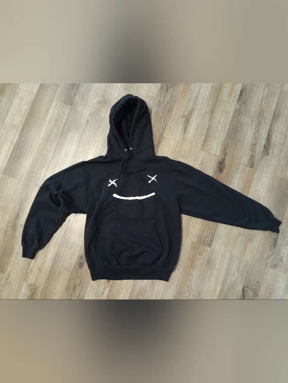 Black Pullover Hoodie with White Distressed Smiley Graphic